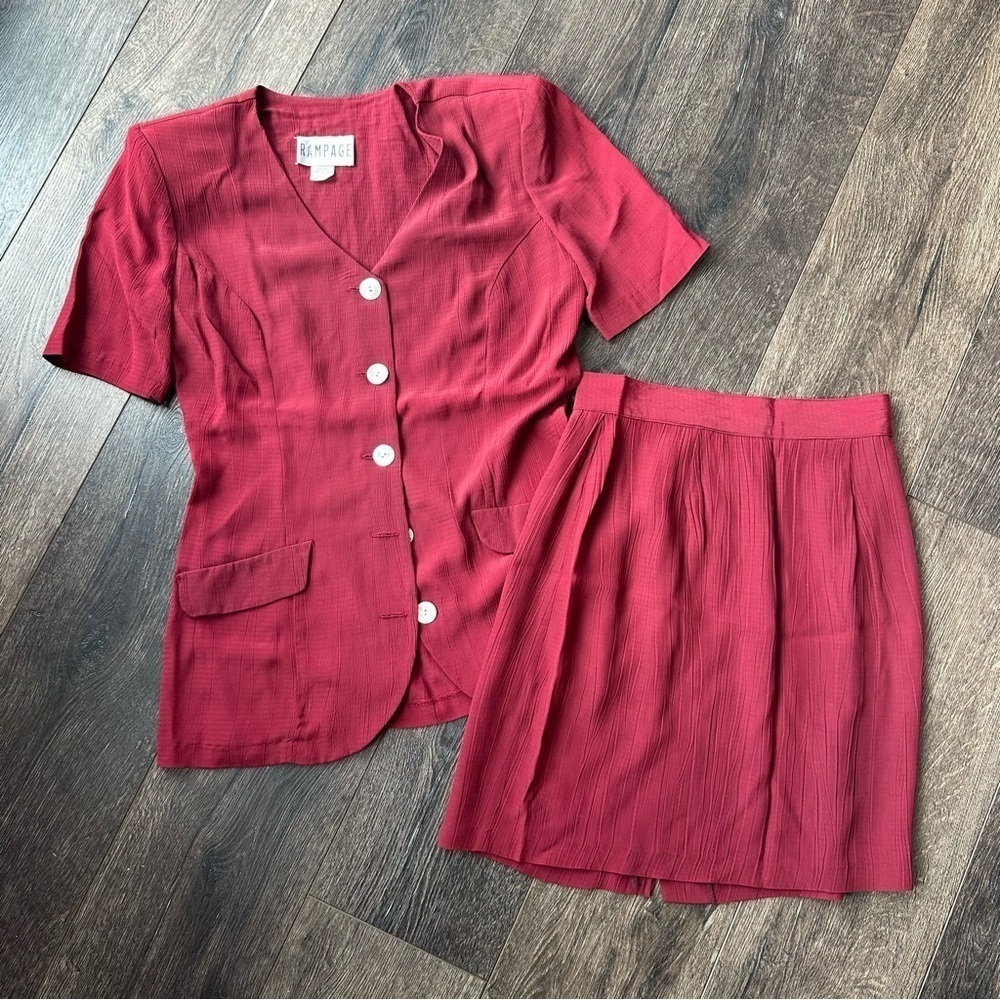 Vintage Rampage two piece set skirt blouse button up size medium red maroon